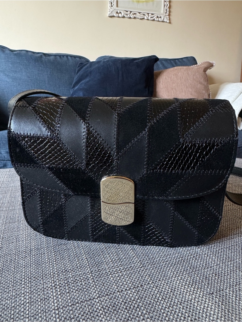 Black Patchwork Leather Crossbody Bag with Gold-Tone Clasp